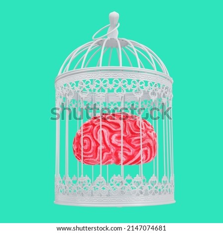 Human brain caged in white cage. Forbidden thinking creative concept idea. Mind restriction symbolic photo