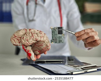 Human brain and computer chip. Microprocessor in head. Doctor brain board ai