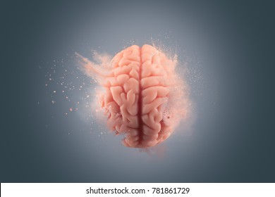 Human brain floating on a gray background. mind blown concept