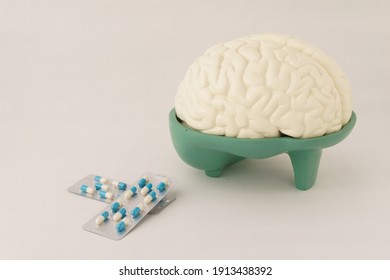 Human Brain Hemisphere Model And Pills Capsules In Blister On White Background. Anatomical Structure Human, Physiology, Medicine, Neurology, Study Guide Pharmacy, Painkillers, Drug, Abuse Concept