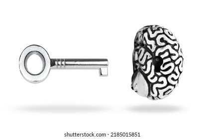 Human Brain With A Keyhole And A Silver-toned Skeleton Key Floating On White Background. Unlock Mind Power Concept.
