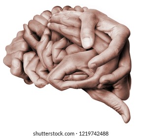 Um cérebro humano feito com as mãos, mãos diferentes são embrulhadas juntas para formar um cérebro. Colorido com fundo branco.