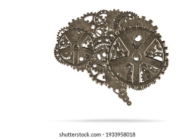 Human Brain With Metallic Gears On White Background