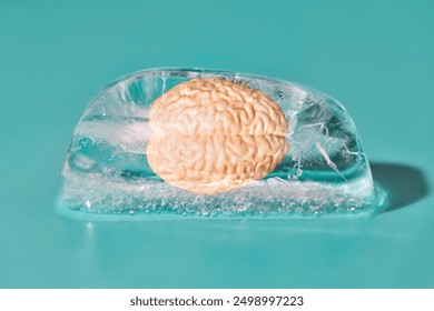 Human brain model inside a clear ice cube, symbolizing knowledge preserved through freezing.