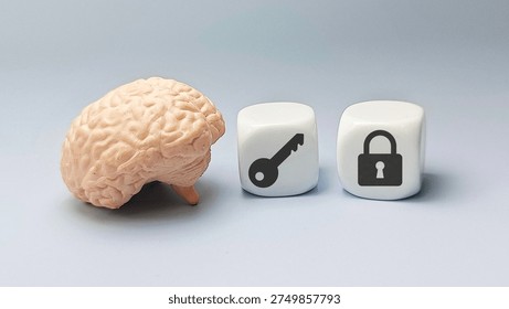 Human brain model with key and lock symbols representing problem solving solution discovery intelligence thinking security access concept. 