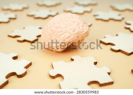 Human brain model surrounded by scattered puzzle pieces, representing problem solving, cognitive function, memory, psychology, intelligence and mental challenges.