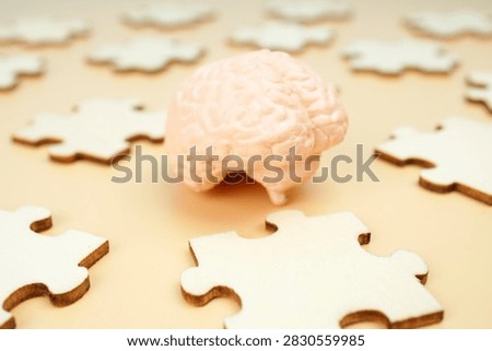 Human brain model surrounded by scattered puzzle pieces, representing problem solving, cognitive function, memory, psychology, intelligence and mental challenges.