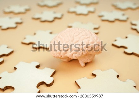 Human brain model surrounded by scattered puzzle pieces, representing problem solving, cognitive function, memory, psychology, intelligence and mental challenges.
