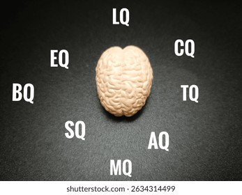 Human Brain with Multiple Intelligence Concepts Including IQ, EQ, AQ, SQ, MQ, LQ, BQ, and TQ Representing Diverse Quotients and Holistic Intelligence Framework. 