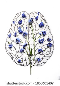 Human Brain Neocortex Pencil Drawing With Blue Flowers.