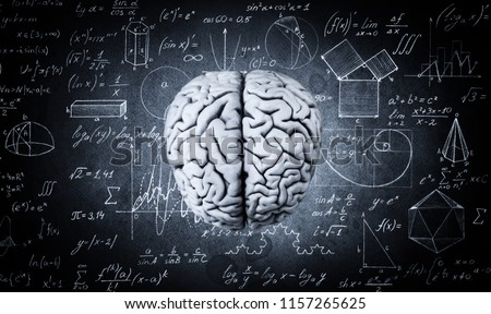 The human brain on the background of physical and mathematical formulas. Education, science and medical abstract background.