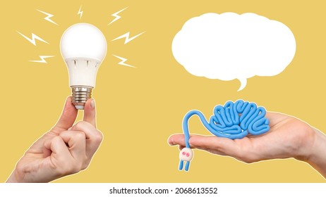 Human brain with plugged in. Concept of development of brain activity. Ideas for brain development. Light bulb in hand is metaphor inspiration. Stimulating mental activity. Dialogue cloud over brain