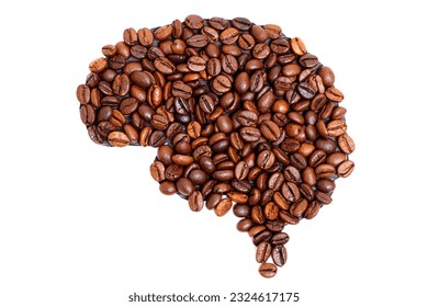 Human brain shape made from roasted coffee beans on a white background. Concept of addiction, reliance and the interplay between human brain and substances.