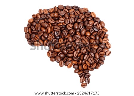 Human brain shape made from roasted coffee beans on a white background. Concept of addiction, reliance and the interplay between human brain and substances.