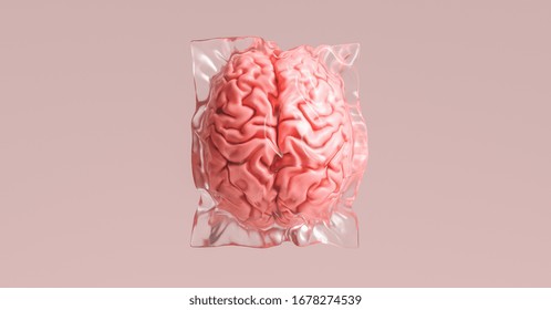 Human Brain Wrapped In Shrink Wrap As A Plastic Waste And Medical Concept Image