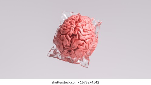 Human Brain Wrapped In Shrink Wrap As A Plastic Waste And Medical Concept Image