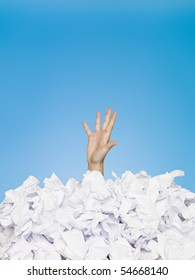 Human Buried In Papers On Blue Background