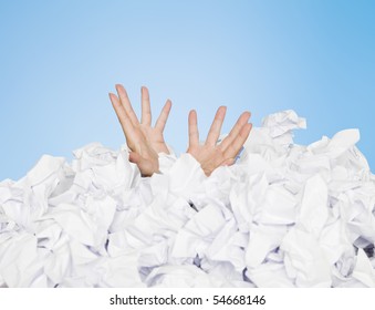 Human Buried In White Papers On Blue Background