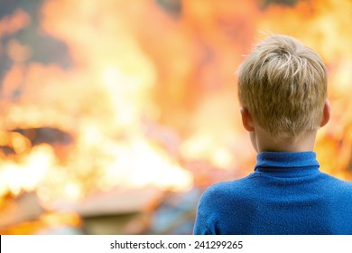 Human Child Boy At Burning House Fire Accident Background