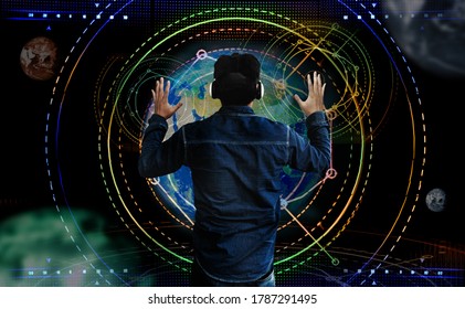 human control earth with digital simulation with graphic and use virtual glasses on space background