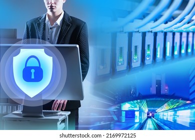 Human Cybersecurity Specialist. Datacenter Security System. IT Infrastructure Development. Data Center Protection From Leakage. Icon Of Protection In Front Of Man With Computer. Network Wires Near