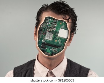 Human cyborg robot with anonymous circuit board face