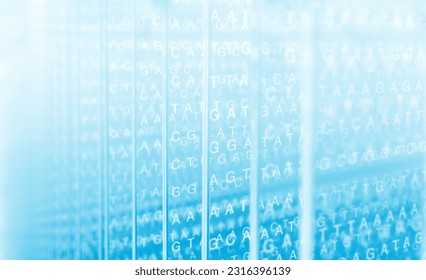 Human DNA sequence. Future of medicine. The bases adenine, cytosine, guanine and thymine of DNA, letters AGCT arranged on transparent panels. In Utero Gene Therapy. Modern medical background.