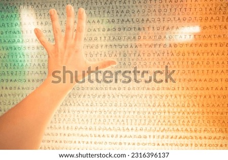 Human DNA sequence. Future of medicine. The bases adenine, cytosine, guanine and thymine of DNA, letters AGCT arranged on transparent panels. Human hand over all. Modern medical background.