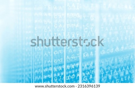 Human DNA sequence. Future of medicine. The bases adenine, cytosine, guanine and thymine of DNA, letters AGCT arranged on transparent panels. In Utero Gene Therapy. Modern medical background.