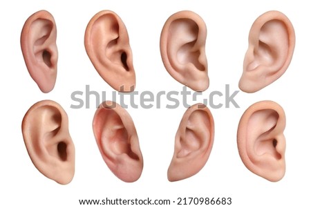 Human ears on white background, collage. Organ of hearing and balance