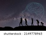 Human evolution, natural selection, from monkeys to modern humans. Anthropology and genetic heritage, against the background of the starry sky,milky way