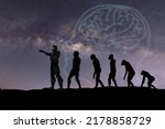 Human evolution, natural selection, from monkeys to modern humans, spaceman. Anthropology and genetic heritage, against the background of the starry sky, milky way