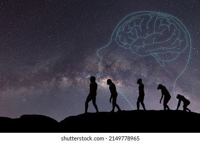 Human evolution, natural selection, from monkeys to modern humans. Anthropology and genetic heritage, against the background of the starry sky,milky way