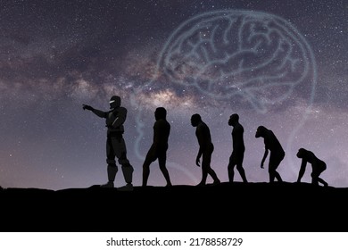 Human evolution, natural selection, from monkeys to modern humans, spaceman. Anthropology and genetic heritage, against the background of the starry sky, milky way - Shutterstock ID 2178858729