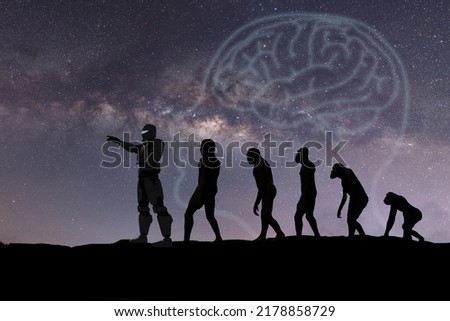 Human evolution, natural selection, from monkeys to modern humans, spaceman. Anthropology and genetic heritage, against the background of the starry sky, milky way