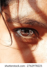 Human eye, brown iris, macro photography, eyelashes, eyebrow, pupil, skin texture, sunlight, white line art, planet drawing, Saturn rings.Close-up, high contrast, minimalist, surreal, graphic overlay, doodle art, artistic edit, modern,Macro close-up of a human brown eye with an artistic white line drawing of the planet Saturn and its rings on the iris in bright sunlight.🪐🪐