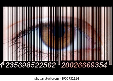 The human eye looks through a digital barcode. Identity identification concept. The concept of total control of the planet's population.