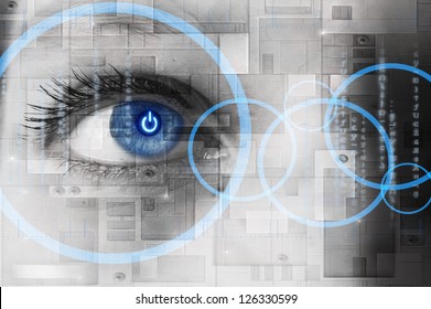 Human Eye With Power Button Reflection Inside - Technology Concept