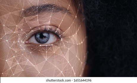 Human Eye Recognition Scanning Process. Close-up Half Face of Young African Woman Scanned Biometric Iris Reading for Facial Recognition. Face Detection. Augmented Reality. For Animation.