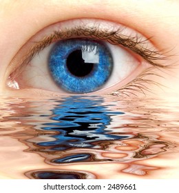 Human eye reflected in a surface of water