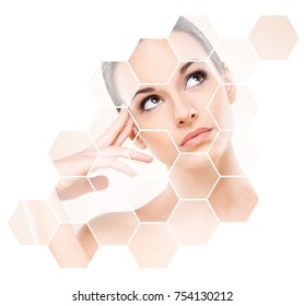 Human face in honeycomb. Young and healthy woman in plastic surgery, medicine, spa and face lifting concept.