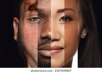 Human face made from different portrait of men and women of diverse age and race. Combination of faces. Humanity. Concept of social equality, human rights, freedom, diversity, acceptance