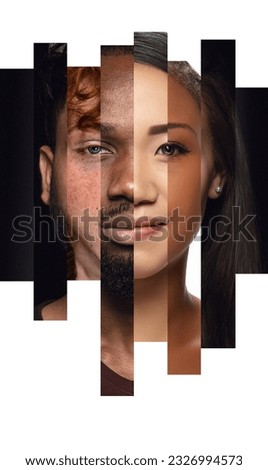 Human face made from different portrait of men and women of diverse age, gender and race. Combination of faces. Concept of social equality, human rights, freedom, diversity, acceptance
