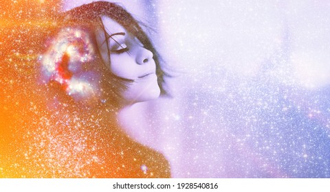 Human face on blue light star in cosmos space. Woman inner energy, self heal soul, brain power think, mind body, dream idea in head, big data ai learn concept. Elements of this image furnished by NASA - Shutterstock ID 1928540816