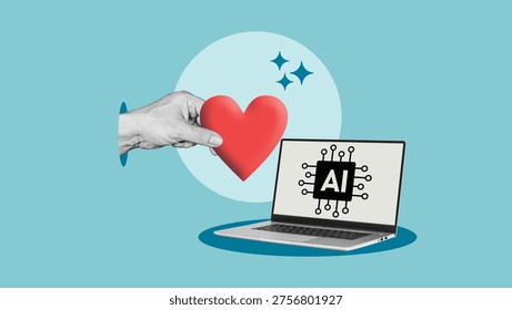 Human falling in love with artificial intelligence concept, emotional attachment to AI chatbot, hand giving heart to laptop with AI chip, digital romance, virtual relationship and trust in technology
