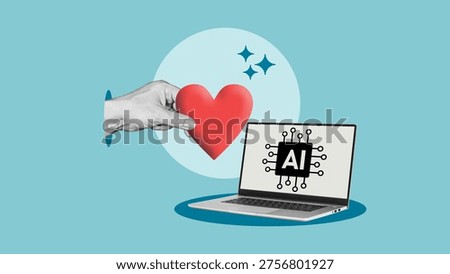 Human falling in love with artificial intelligence concept, emotional attachment to AI chatbot, hand giving heart to laptop with AI chip, digital romance, virtual relationship and trust in technology