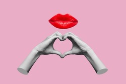 Human Female Hands Showing A Heart Shape And Lips With Glossy Red Lipstick Sending Kiss Isolated On A Pink Color Background. Trendy Collage In Magazine Urban Style. Contemporary Art. Modern Design