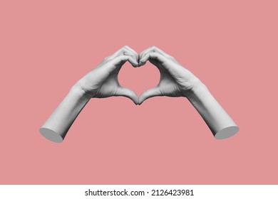 Human female hands showing a heart shape isolated on a pink color background. Feelings and emotions. Trendy 3d collage in magazine urban style. Contemporary art. Modern design - Shutterstock ID 2126423981