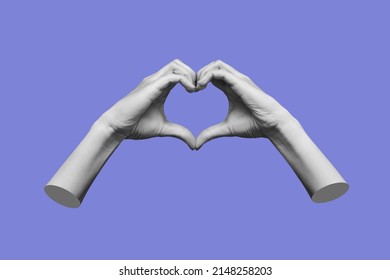 Human female hands showing a heart shape isolated on a purple color background. Feelings and emotions. 3d trendy collage in magazine style. Contemporary art. Modern design