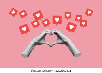 Human female hands showing a heart shape and like symbols from social networks isolated on pink color background. 3d trendy collage in magazine style. Contemporary art. Modern design
